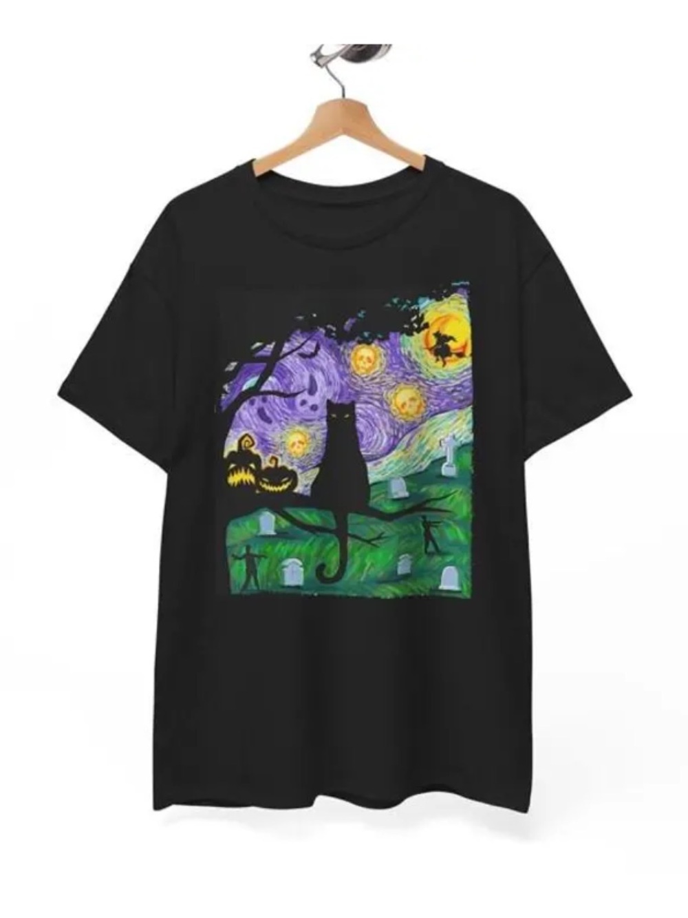 Black Halloween Cat Starry Night Graphic Tee